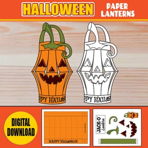 May include: Printable Halloween paper lantern craft template. The template includes a jack-o-lantern design with a happy face and the text "Happy Halloween".