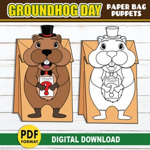Marionnette de sac en papier marmotte | Artisanat d'activités du jour de la marmotte pour les enfants | Marionnette DIY IMPRIMABLE pour une fête en classe ou un spectacle de marionnettes