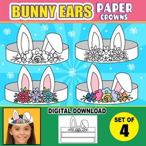 Bunny Ears Paper Crowns | Easter Spring Paper Hat Headbands | Craft Activity Party Favors | With Coloring Versions | DIY Kids Printable