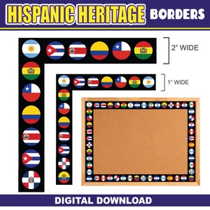 Hispanic Heritage Month Printable Borders For Door or Wall Decor and Bulletin Board | Spanish Speaking Countries Flags | Classroom Decor