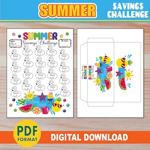 Könnte beinhalten: Druckbarer Sommer-Spar-Challenge mit einem bunten Umschlag und einer Tabelle, um Ersparnisse zu verfolgen. Die Tabelle zeigt ein sich wiederholendes Bild eines Flamingo-Schwimmringes. Der Umschlag hat ein Sommerthema mit einer Ananas, einer Wassermelone und einer Sonne.