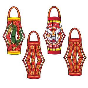May include: Four red and gold Chinese lanterns with different designs. One lantern has a green dragon, one has a lion dance, one has a floral pattern, and one has a geometric pattern. The lanterns have a "Happy New Year" message.