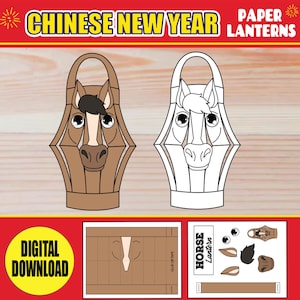 May include: A digital download for Chinese New Year paper lanterns. The image shows two horse-shaped lanterns, one brown and one outlined in black. The text "CHINESE NEW YEAR PAPER LANTERNS" is at the top. Additional components for assembly are also shown.