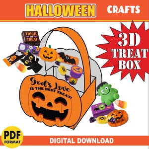 May include: A 3D treat box digital download featuring a pumpkin-shaped basket with the text God's Love IS THE BEST TREAT! surrounded by Halloween-themed items including a slap bracelet, a black cat, candy corn, and a green monster figure.