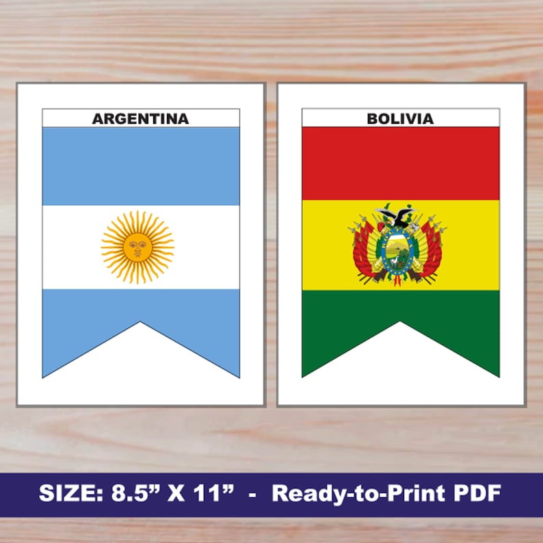 Puede incluir: Banderas de banderas imprimibles de Argentina y Bolivia de 8,5" x 11". La bandera argentina es azul claro con una franja blanca y un sol amarillo. La bandera boliviana tiene franjas rojas, amarillas y verdes con un escudo de armas en el centro.