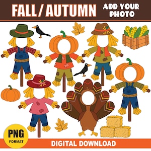 May include: A digital download graphic featuring fall-themed cutouts. Includes scarecrows with pumpkin and turkey face cutouts, pumpkins, hay bales, crows, and corn. The text reads "FALL/AUTUMN" and "ADD YOUR PHOTO".