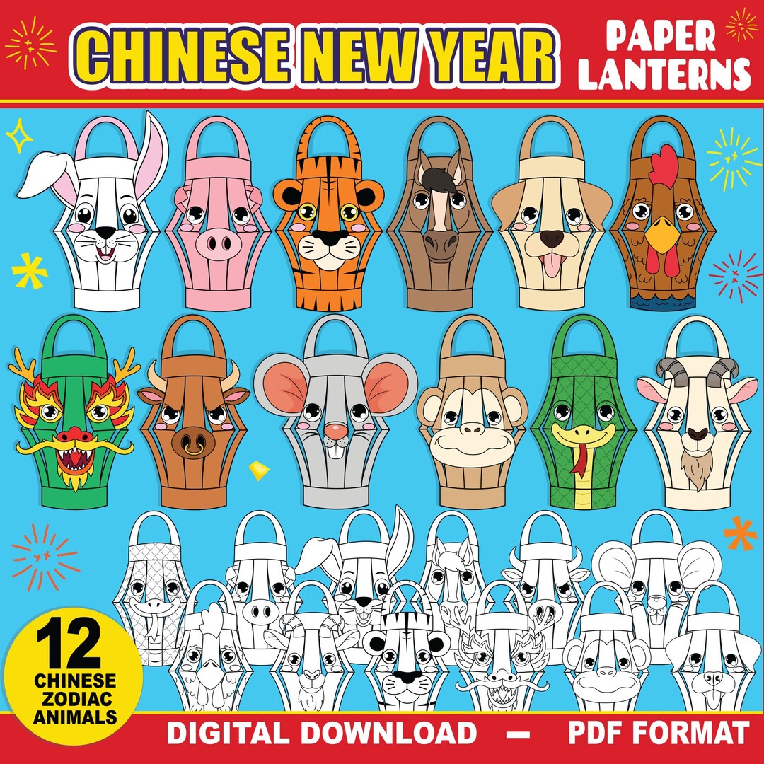 Chinese New Year Crafts 12 Zodiac Animals Paper Lanterns BUNDLE PRINTABLE Lunar New Year Activity DIY Paper Lantern Template Etsy UK