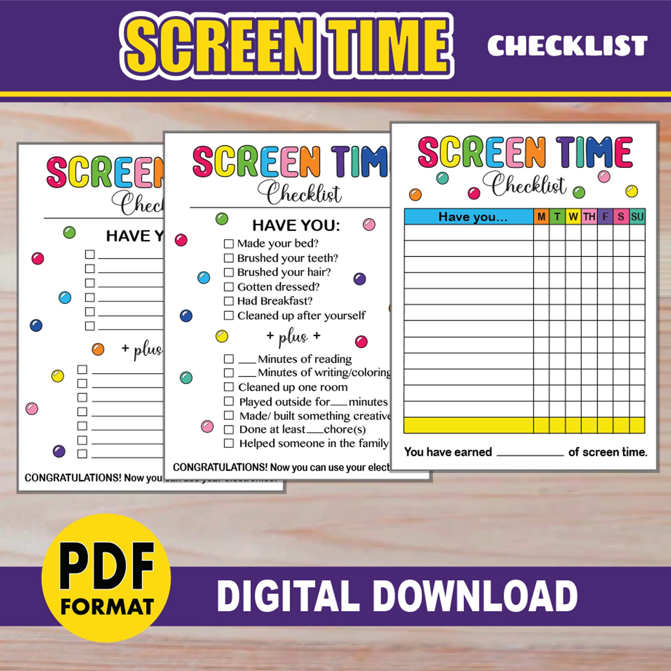 Printable Screen Time Checklist | Screen Time Rules Chore Chart | Electronics Technology Schedule for Kids | Summer Screentime Tracker