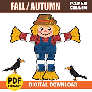May include: A digital download graphic featuring a cartoon scarecrow with a straw hat, overalls, and a plaid shirt. Two black crows are on either side of the scarecrow. The words "FALL/AUTUMN", "PAPER CHAIN", "PDF FORMAT", and "DIGITAL DOWNLOAD" are also present.