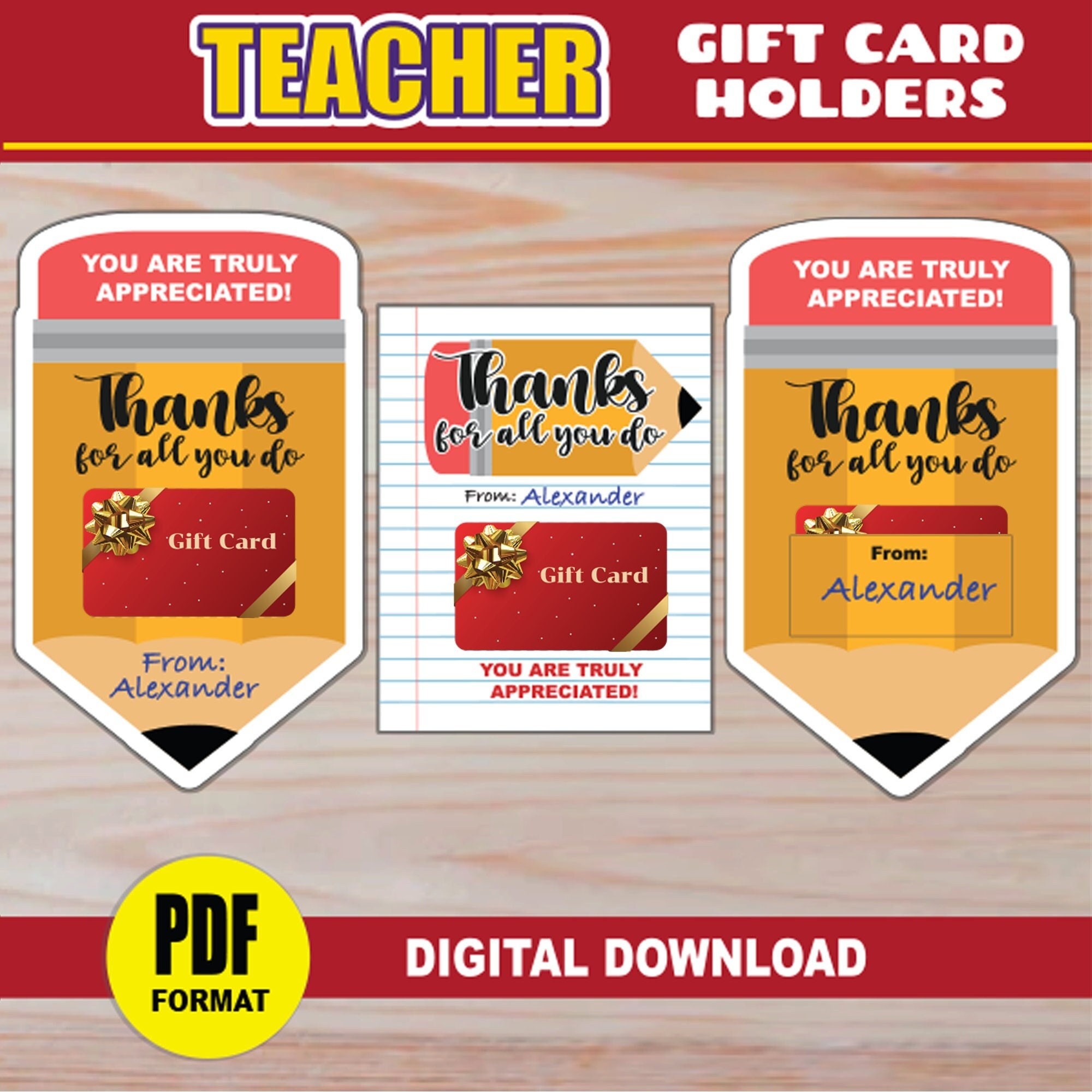 Pencil Teacher Gift Card Holder | Printable Appreciation Gift (digital ...