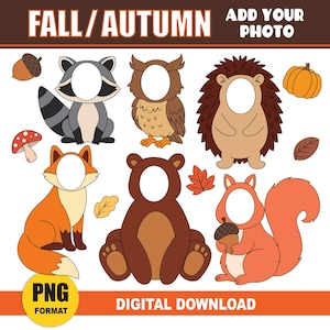 May include: Digital download featuring cartoon illustrations of woodland animals with face cutouts for photo insertion. Includes a raccoon, owl, hedgehog, fox, bear, and squirrel, with fall-themed elements and the text "FALL/AUTUMN".