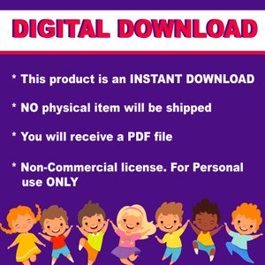 K&ouml;nnte beinhalten: Digitaler Download-Grafik mit dem Text "DIGITAL DOWNLOAD", "Dieses Produkt ist ein SOFORTIGER DOWNLOAD", "KEIN physischer Artikel wird versandt", "Sie erhalten eine PDF-Datei" und "Nicht-kommerzielle Lizenz. Nur f&uuml;r den pers&ouml;nlichen Gebrauch". Die Grafik zeigt auch eine Reihe von Cartoon-Kindern, die sich an den H&auml;nden halten und springen.