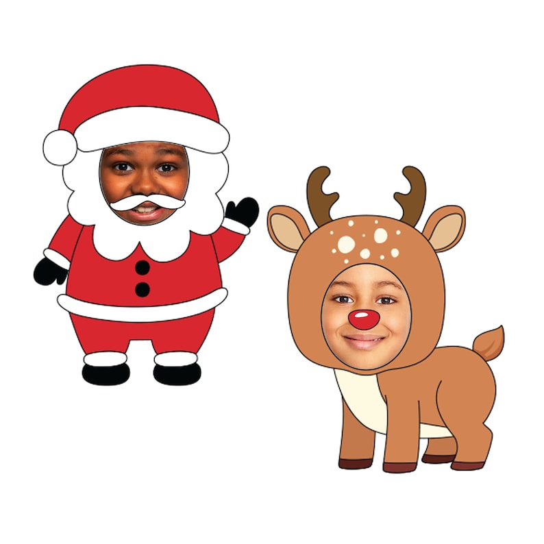 Op de afbeelding: Twee printbare kerstfotobooth-rekwisieten, een van Sinterklaas en een van een rendier. Beide rekwisieten hebben een gat voor een gezicht dat erin kan worden gestoken.