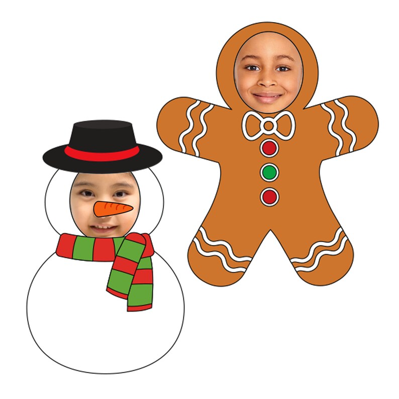 Op de afbeelding: Twee kerst-gezichtsuitsnijdingen, een van een peperkoekman en een van een sneeuwpop. Beide hebben lege plekken voor gezichten.