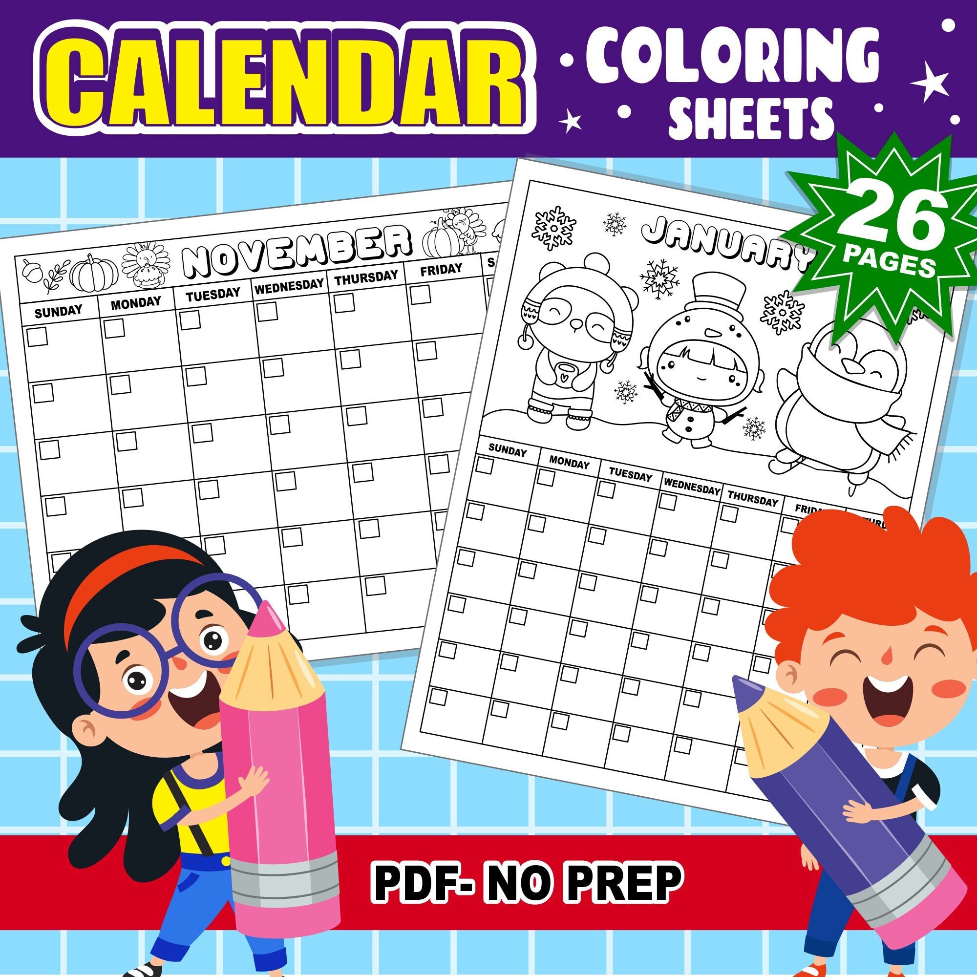 Printable Coloring Calendar for Kids Digital Download Undated Monthly ...