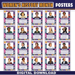 May include: A collection of 20 posters for Women's History Month, each featuring a portrait of a notable woman. The posters have a floral border and include names like Malala Yousafzai, Anne Frank, and Rosa Parks. The words "Digital Download" are at the bottom.