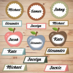 May include: A set of printable place cards featuring apple designs and various names, including Michael, Samar, Johny, Alexander, Jocelyn, Jacob, Kate, and Jackie. The place cards are perfect for a classroom or party setting.