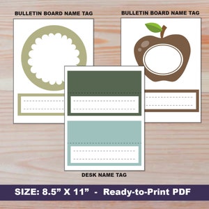 May include: Printable name tags for a bulletin board or desk. The tags feature a green circle with a white scalloped edge, a brown apple with a white circle, and a green and blue rectangle with a white line. The text "BULLETIN BOARD NAME TAG" and "DESK NAME TAG" is included. The tags are 8.5 inches by 11 inches.