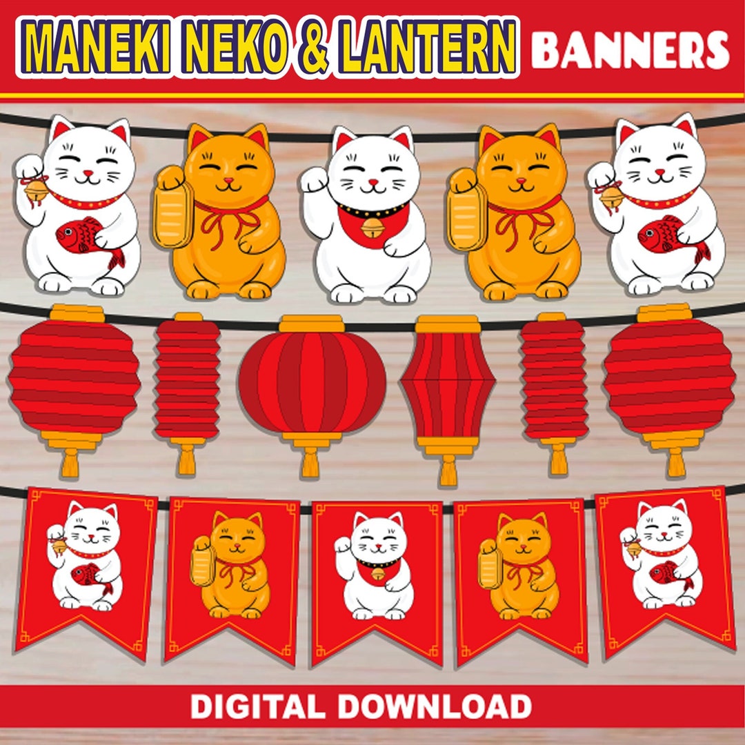 PRINTABLE Maneki Neko Lucky Cat Banner Chinese Lanterns Beckoning Cats