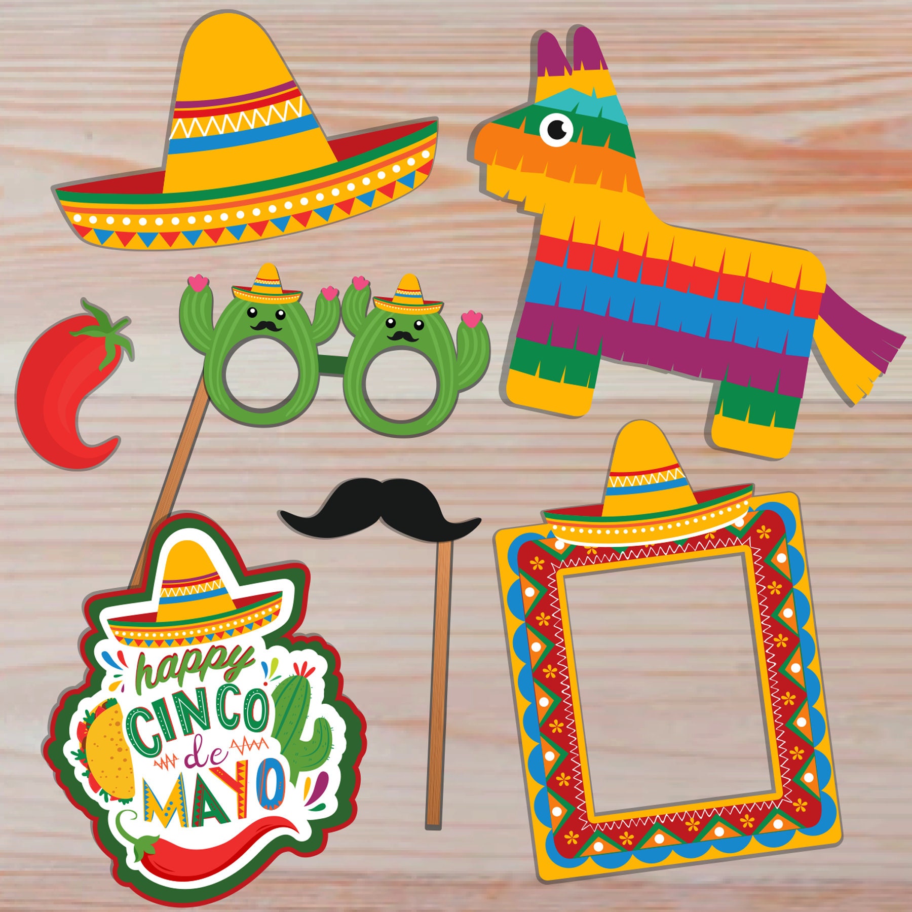 25Pcs Mexican Fiesta Photo Booth Props with Stick Cinco De Mayo Photo Booth  Props, Summer Mexican Party Decorations Taco Party Decorations Set, Selfie