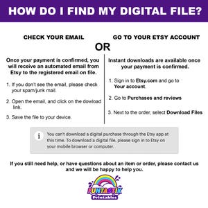 K&ouml;nnte beinhalten: Eine wei&szlig;e und violette Grafik mit dem Text "HOW DO I FIND MY DIGITAL FILE?" und Anweisungen, wie Sie Ihre digitale Datei nach dem Kauf bei Etsy finden. Die Anweisungen umfassen das &Uuml;berpr&uuml;fen Ihrer E-Mails und das Aufrufen Ihres Etsy-Kontos.