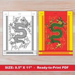May include: A printable coloring page and a completed version of a Chinese dragon with red, yellow, and green colors on a red background with white clouds. The dragon is curled in a circle with its head facing the right. The coloring page is divided into squares for easy coloring.