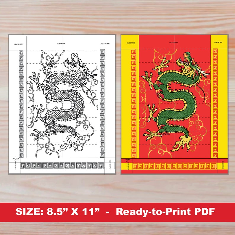 May include: A printable coloring page and a completed version of a Chinese dragon with red, yellow, and green colors on a red background with white clouds. The dragon is curled in a circle with its head facing the right. The coloring page is divided into squares for easy coloring.