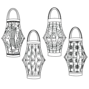 May include: Four black and white Chinese lanterns with different designs. The lanterns have a traditional shape with a handle at the top. One lantern has a dragon design, another has a floral design, another has a geometric design, and the last one has the text "Happy New Year" on it.
