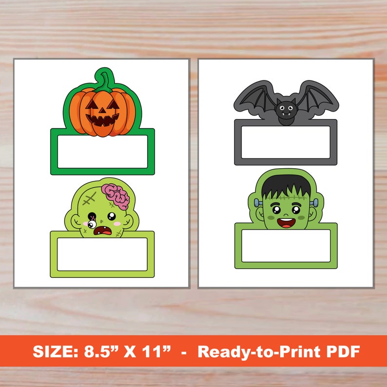 Puede incluir: Etiquetas de nombre de Halloween imprimibles con una calabaza, un murci&eacute;lago, un zombi y Frankenstein. Cada etiqueta tiene un espacio en blanco para escribir un nombre. Las etiquetas miden 8,5 pulgadas por 11 pulgadas.