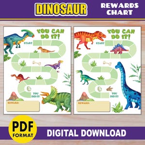 May include: A digital download featuring two dinosaur-themed reward charts. Each chart has a path with dinosaur illustrations, the text "YOU CAN DO IT!", and "YOU DID IT!". The charts are labeled "REWARD:" and the text "DINOSAUR REWARDS CHART" is at the top. The bottom reads "PDF FORMAT DIGITAL DOWNLOAD".