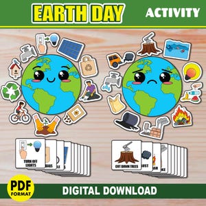 Könnte beinhalten: Ein Arbeitsblatt zum Earth Day mit dem Text "Earth Day Activity" und "Digital Download". Das Bild zeigt zwei Cartoon-Globusse, umgeben von Illustrationen von Umweltaktionen, mit Karten, die Aktionen wie "Turn off lights" und "Cut down trees" zeigen.
