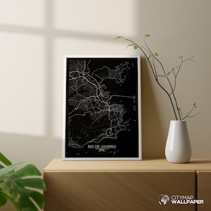 Mapa de Río de Janeiro para personalizar, Póster minimalista, Plano de la ciudad muy detallado sobre fondo negro para imprimir - Archivo digital -