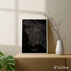 Mappa di Los Angeles da personalizzare, Poster minimalista, Piano della città molto dettagliato su sfondo nero da stampare - File digitale -
