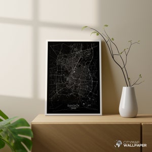 Mapa de Bangkok para personalizar, Póster minimalista, Plano de la ciudad muy detallado sobre fondo negro para imprimir - Archivo digital -