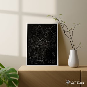 Mapa de Estrasburgo para personalizar, Póster minimalista, Plano de la ciudad muy detallado sobre fondo negro para imprimir - Archivo digital -