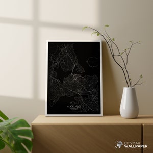 Mapa de Auckland para personalizar, Póster minimalista, Plano de la ciudad muy detallado sobre fondo negro para imprimir - Archivo digital -