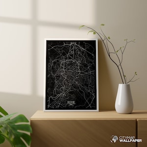 Mapa de Roma para personalizar, Póster minimalista, Plano de la ciudad muy detallado sobre fondo negro para imprimir - Archivo digital -