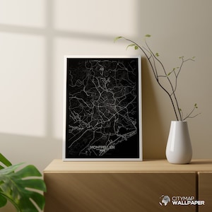 Mapa de Montpellier para personalizar, Póster minimalista, Plano de la ciudad muy detallado sobre fondo negro para imprimir - Archivo digital -