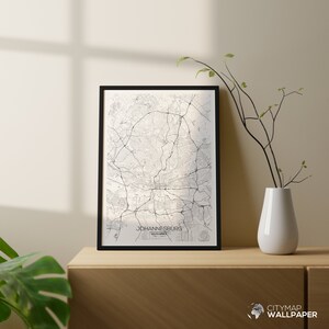 Mapa de Johannesburgo para personalizar, Póster minimalista, Plano de la ciudad muy detallado sobre fondo blanco para imprimir - Archivo digital -