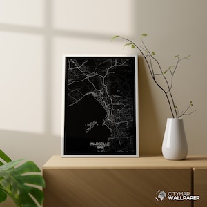Carte de Marseille à personnaliser, Affiche minimaliste, Plan ville très détaillé sur fond noir à imprimer - Fichier numérique -