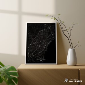 Mapa de Barcelona a personalizar, Póster minimalista, Plano de la ciudad muy detallado sobre fondo negro para imprimir - Archivo digital -