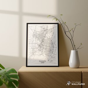 Mapa de Bangkok para personalizar, Póster minimalista, Plano de la ciudad muy detallado sobre fondo blanco para imprimir - Archivo digital -