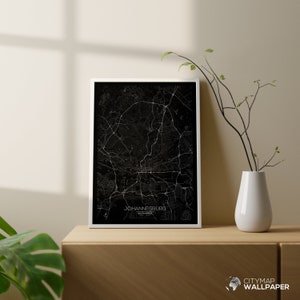 Mapa de Johannesburgo para personalizar, Póster minimalista, Plano de la ciudad muy detallado sobre fondo negro para imprimir - Archivo digital -