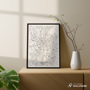 Carte de Moscou à personnaliser, Affiche minimaliste, Plan ville très détaillé sur fond blanc à imprimer - Fichier numérique -