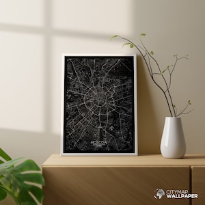 Mapa de Moscú para personalizar, Póster minimalista, Plano de la ciudad muy detallado sobre fondo negro para imprimir - Archivo digital -