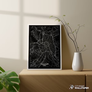 Mapa de Toulouse para personalizar, Póster minimalista, Plano de la ciudad muy detallado sobre fondo negro para imprimir - Archivo digital -