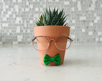 Funny Nerd Planter Pot Glasses & Bowtie for indoor houseplants/succulents.Gift for boyfriend cute face terracotta pot bachelor party favor