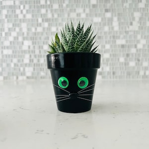 Black Cat Planter Pot Green Eyes with Whiskers; for indoor houseplants & succulents. Funny gift for cat plant lovers Halloween decor kitty