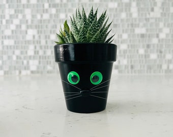 Black Cat Planter Pot Green Eyes with Whiskers; for indoor houseplants & succulents. Funny gift for cat plant lovers Halloween decor kitty