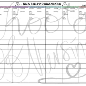 CNA Shift Organizer for 6 patients